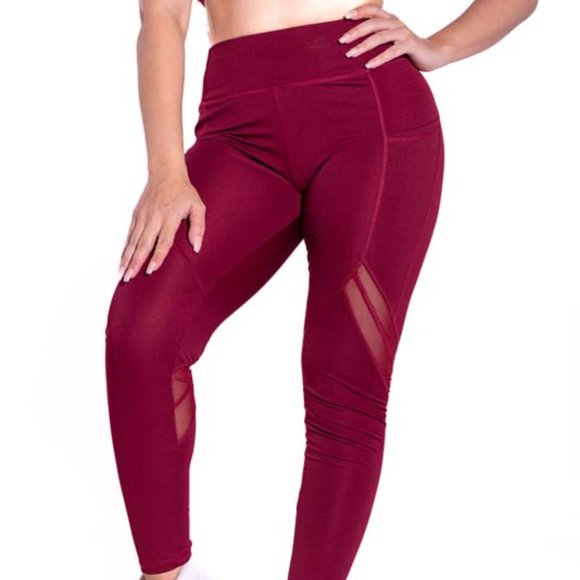 High-Waisted & Mash Panel Gym and Yoga Leggings with Side Pockets Burgundy - Picture 3 of 6